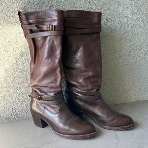 Frye Boots Jane Strappy Dark Brown Knee High Leather